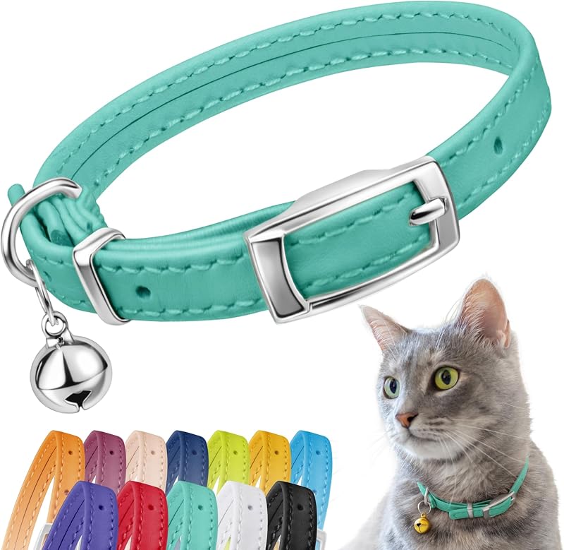 CollarDirect Collier pour Chat en Cuir de Sécurité avec Sangle Elastique, Cloche pour Chaton - Noir, Bleu, Rouge, Orange, Vert Lime (Menthe Verte, 20-28 cm)