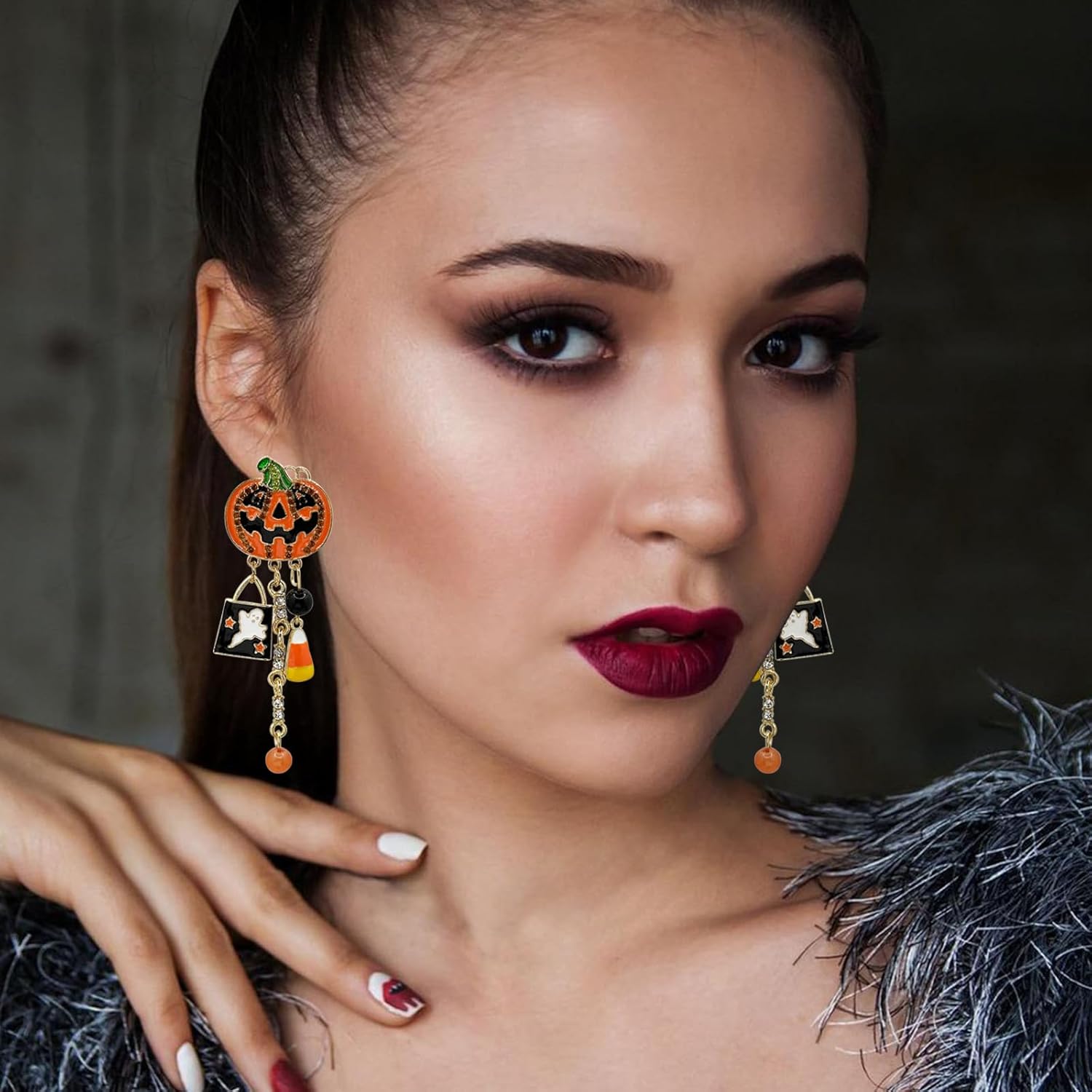 Halloween Skeleton Earrings Gothic Pumpkin Skull Skeleton Tassel Dangle Earrings for Women Halloween Costume Accessories (C-Pumpkin) - Image 3