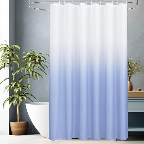 AooHome Cortinas de ducha de tela, juego de cortinas de ducha de tela azul degradado, cortina de ducha de tela lavable azul y blanca, cortinas de
