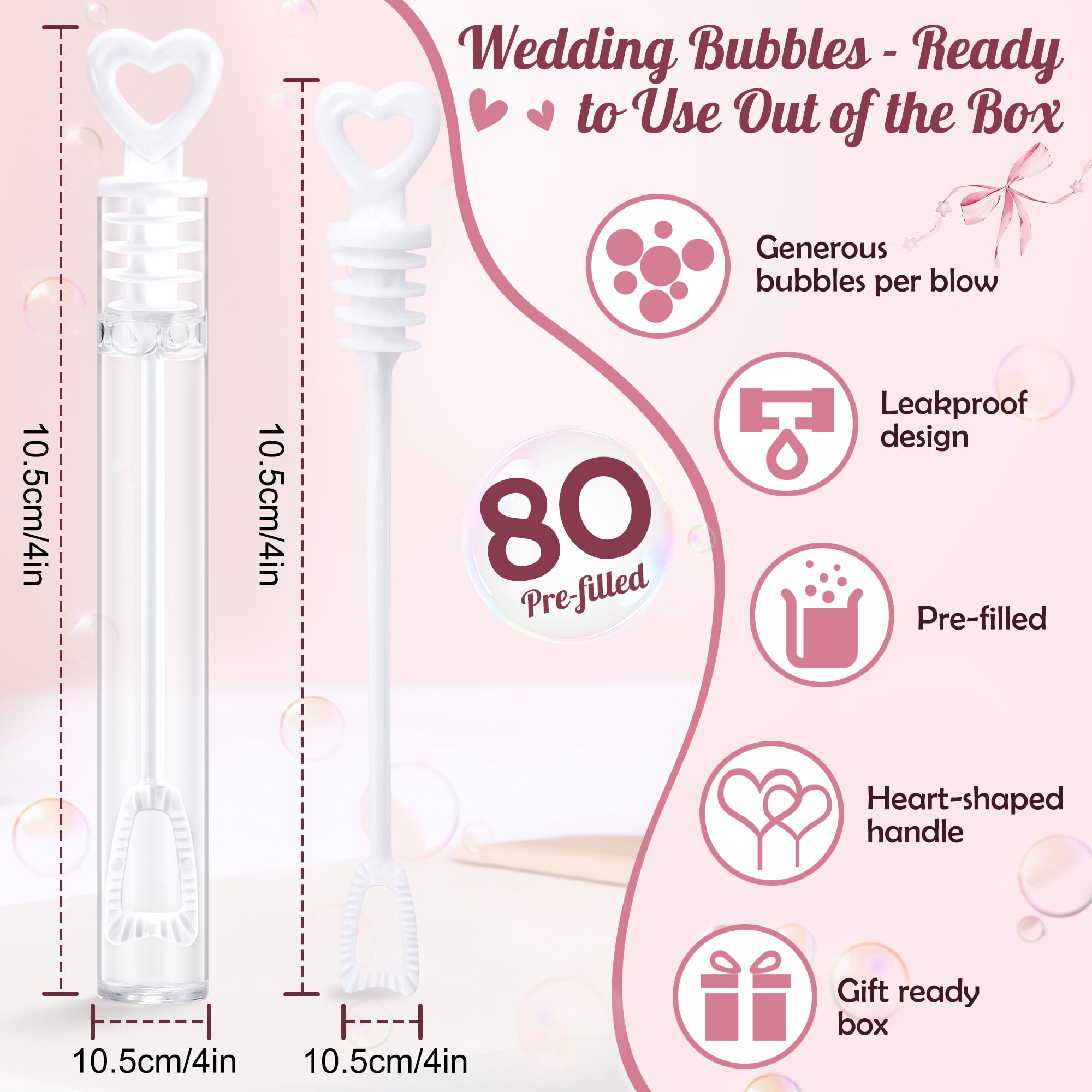 COZCLAM 80 Pezzi Bolle di Sapone per Matrimonio - Perfette Come Regali per Gli Invitati & Decorazioni Matrimonio, Wedding Bubbles con Manico Forma di Cuore per Battesimi, San Valentino
