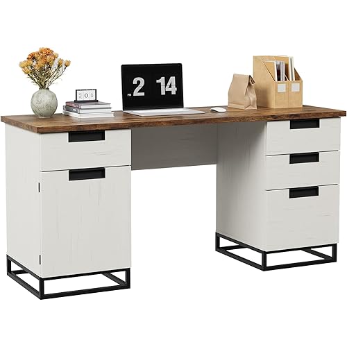 IDEALHOUSE Farmhouse Executive Desk, 59" Computer Desk, White Home Office Desks with File Drawer and Storage Cabinet, Wood Writing Desks for Home Office, Bedroom, White+Vintage