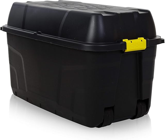 Strata 175 Litre Heavy Duty Trunk On Wheels Black Yellow Clip Handle (2 Boxes)