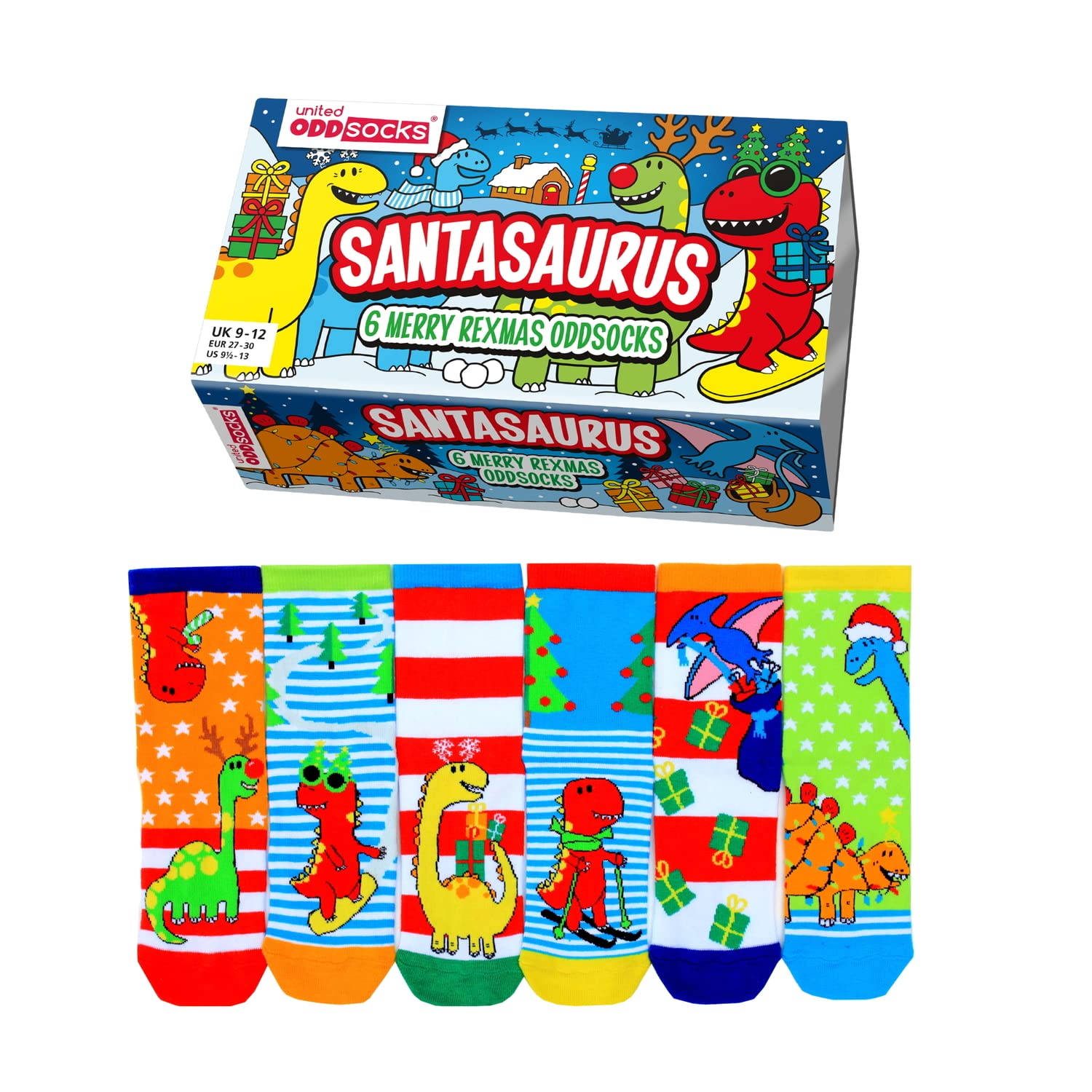 United Oddsocks - Pack of 6 Mix & Match Kids Socks, Novelty Socks for Kids 4-6 years old, Size UK 9-12 (EU 27-30) (UK, Age, One Size, Santasaurus)