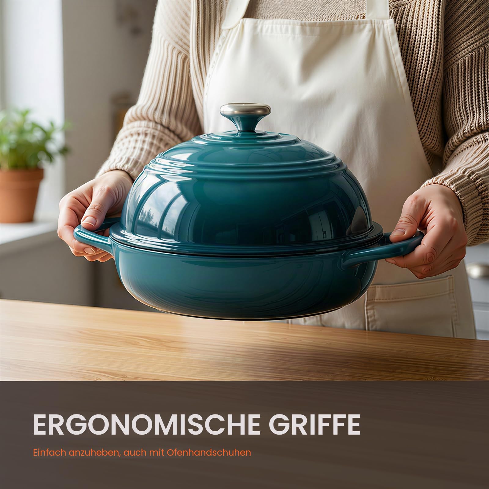 Overmont Gusseisen Topf Emaille Brotbacktopf - 5.7L Bräter Schmortopf mit Deckel und Kochbuch – für Küche Backen Schmoren Braten - Seeblau – Ansicht 2