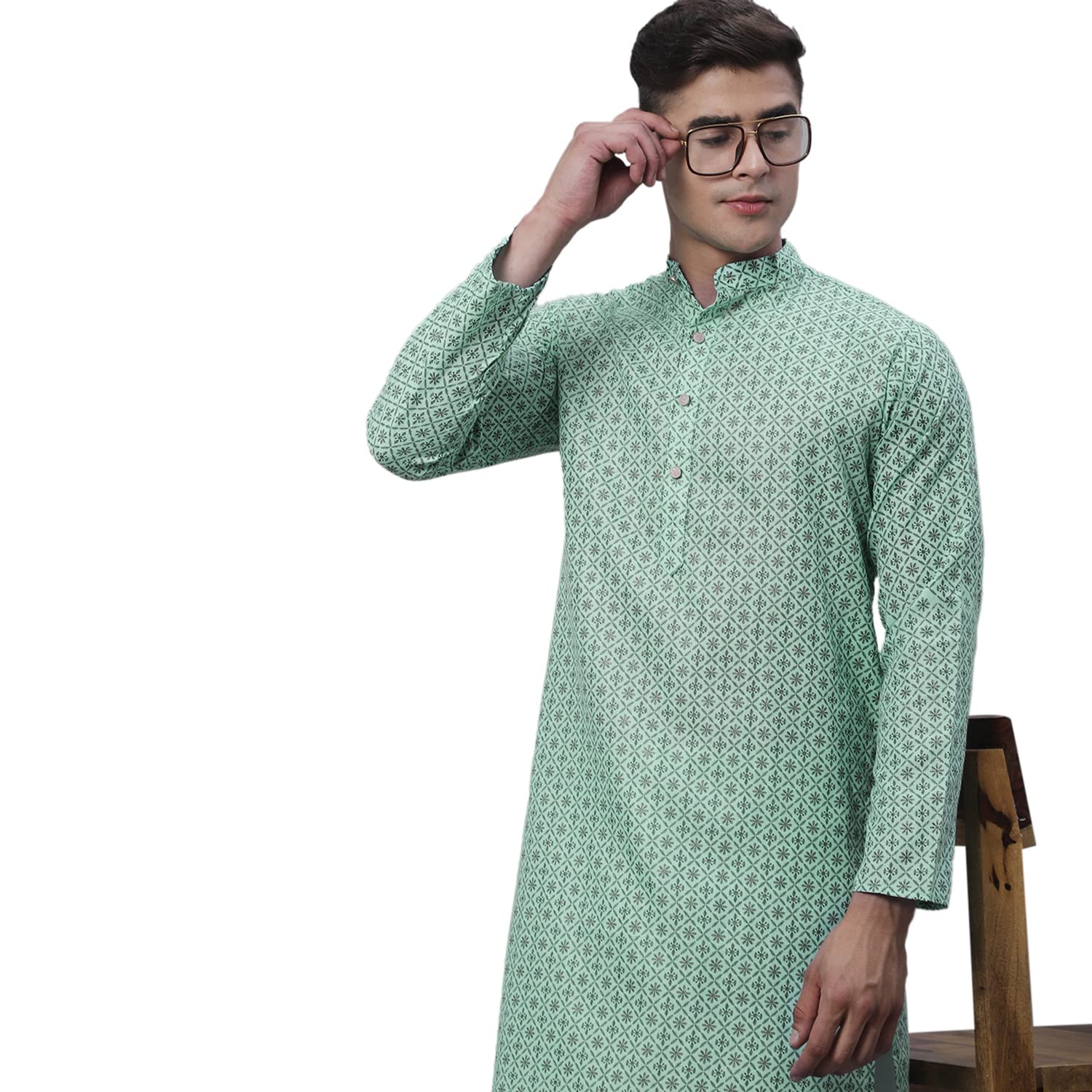 Sojanya (Since 1958 Men's Cotton Linen Sea Green Foil Printed Only Long Kurta