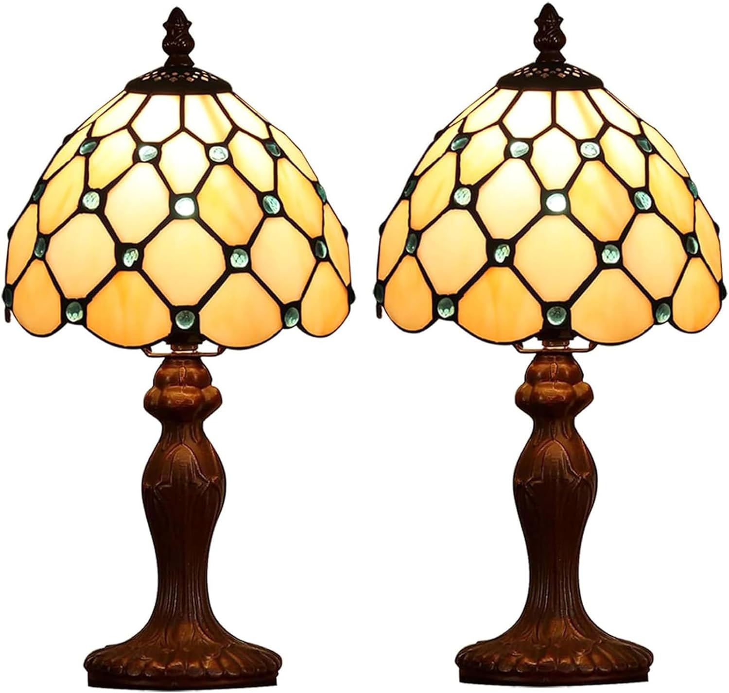 Tiffany Small Table Lamp for Living Room Blue Beads Stained Glass Bedside Nightstand Table Lamps for Bedroom Set of 2,3-Color Temperatures 8X8X15 Inch Hotel Home Office Desk Lamps Blue - Set of 2
