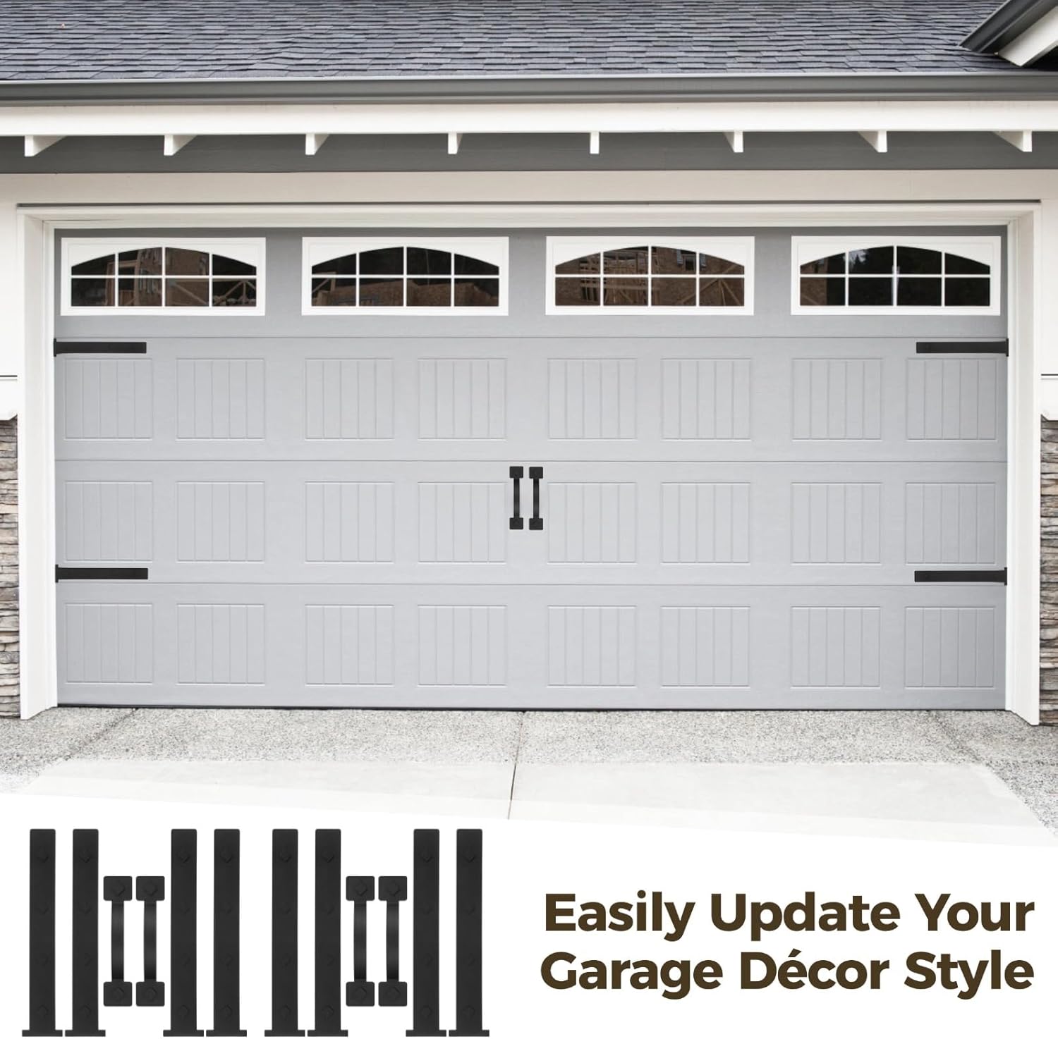 Adsorbent Garage Door Hardware Set, 8 Hinges & 4 Handles, Decorative Hardware Accents for Metal Garage Doors, Matte Black Industrial Look, Easy Installation