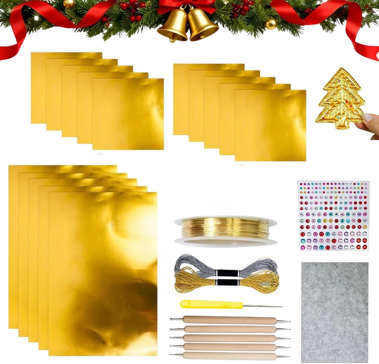 15 Pack Metal Embossing Foil Sheets, 0.07mm DIY Gold/Silver Foil Embossing Kit, Thick Christmas Art Textured Metal Tools for Engraving, Stamping, Painting, Scrapbooking & Handcraft (Golden,2)