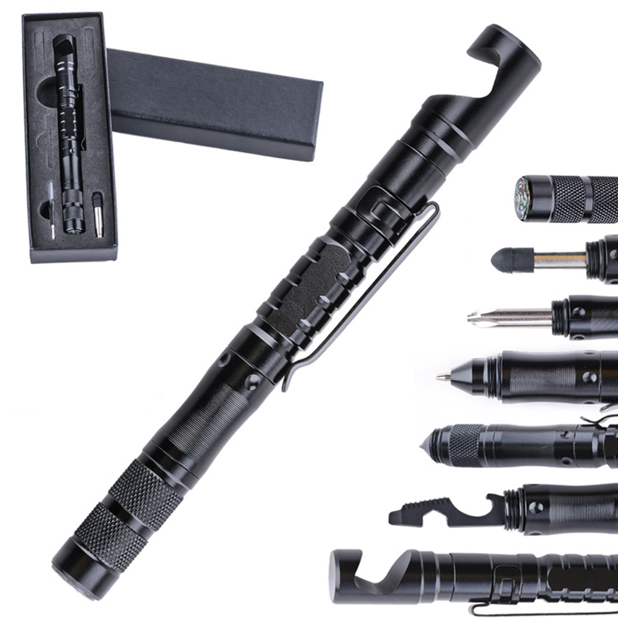 JUNSHUO Bolígrafo Táctico Multifunción, Boligrafo Tactico, Herramienta Multifunción, Aregalos Originales Para Hombre Gadgets, Bolígrafo Negro, Tarjeta Multifunción, Regalo Hombres, Hombre Mujer