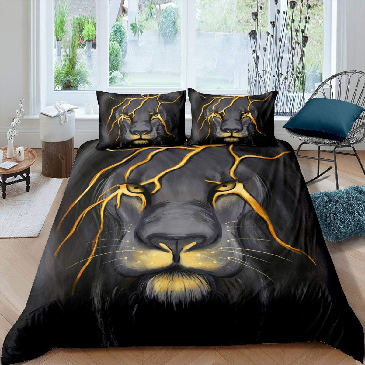 Lion Bedding Animal Duvet Cover Set Twin Size Lightning Lion Pattern Comforter Cover 1 Lion Head Duvet Cover 1 Pillowcase,Grey Black Soft Microfiber Bed Cover for Teen Boys Young Man Decoration Room