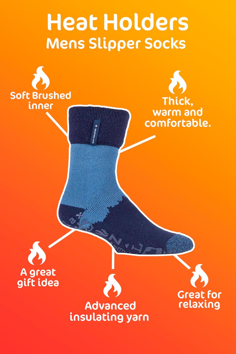 HEAT HOLDERS - Mens Soft Thermal Non Skid Slipper Bed Socks with Gripper Bottoms (Navy Blue (Robin), 7-12 US)