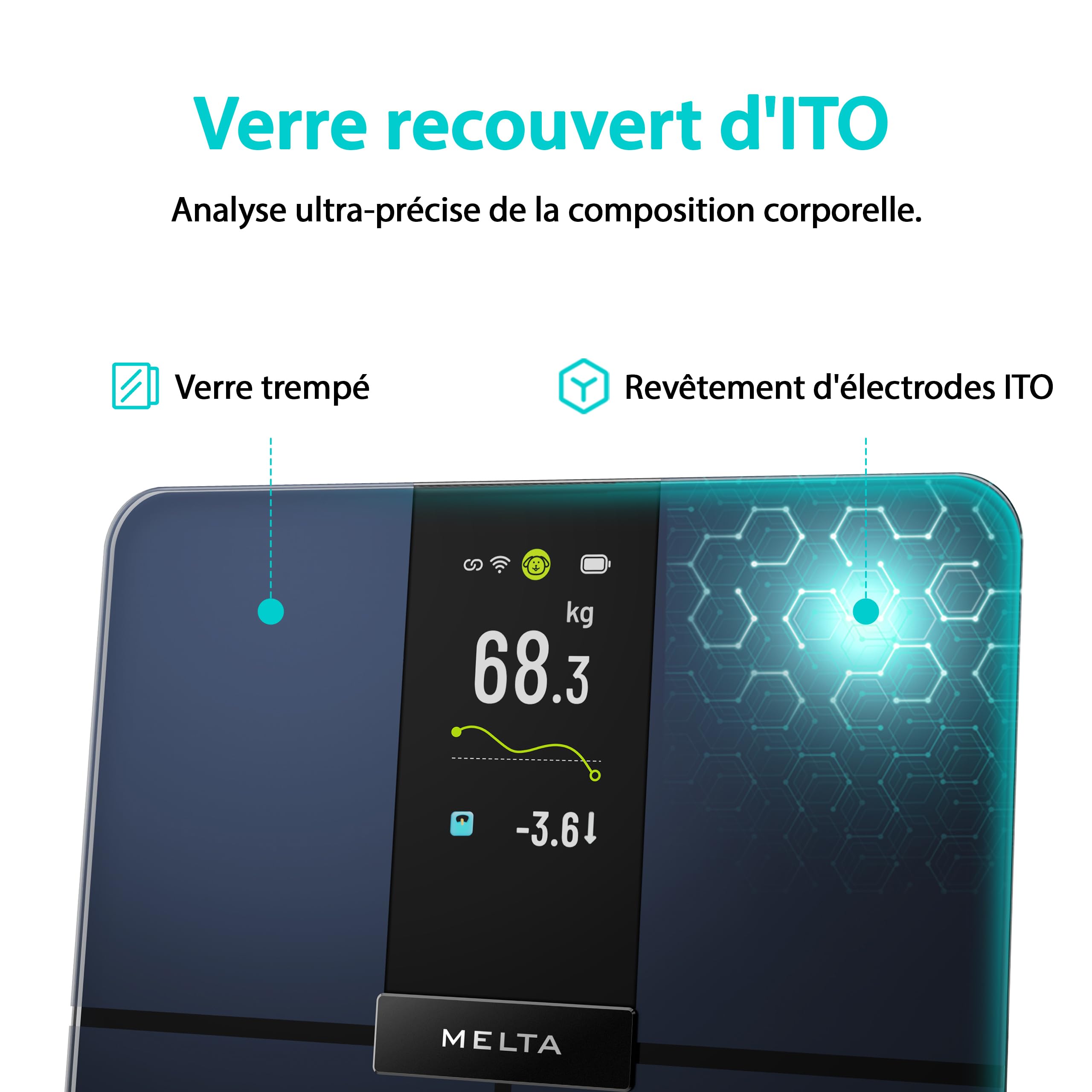 MELTA. Balance Intelligente- Pèse-Personne Connecté Impédancemètre Wi-Fi & Bluetooth 5.0 | Écran TFT Couleur 4,3" | 18 Indicateurs Corporels | App Fitdays+ | 180 kg | Verre Trempé ITO