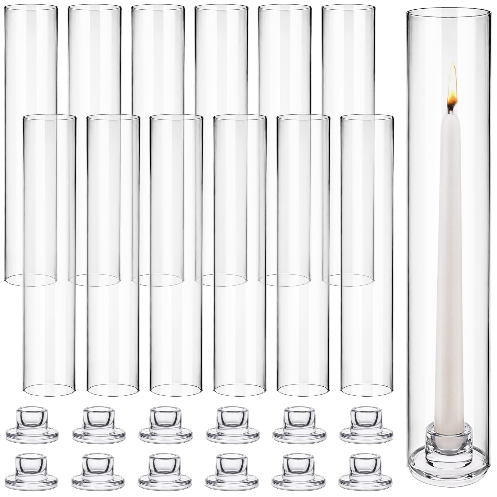 Photo 1 of 12 Set Glass Hurricane Candle Holders 11.8" Open Ended Glass Candleholder Tube Shape Bottomless and 2.1" Taper Clear Candlestick Holder Bulk for Wedding Party Table Centerpiece Home Decor (12, Clear)