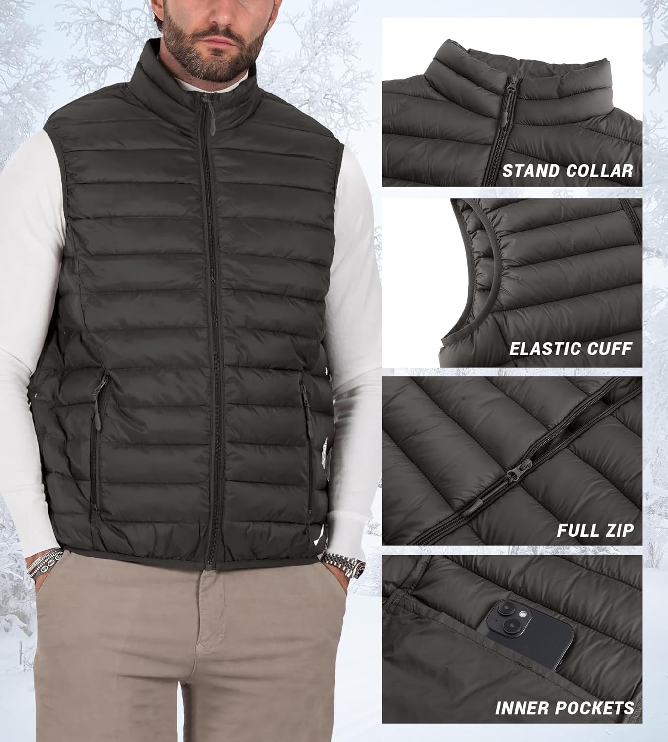 Polu Men's Puffer Vest Lightweight Sleeveless Jacket Full Zipper Outerwear Vest Outdoor Puffer Vest with Pockets