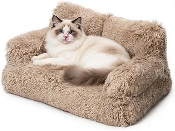 Cat Couch Bed, Plush Fluffy Cozy Cat Bed for Indoor Cats with Removable Washable Cover, Supportive Anti-Slip Dog Beds Sofa for Small Dogs 55x38x18cm,Coffee