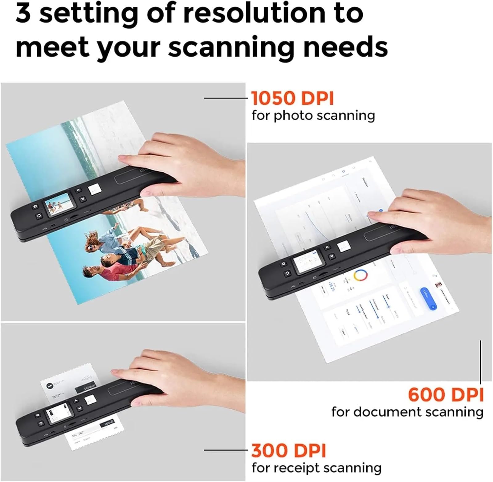 Scanner portatif, Scanner De Documents Et Photos Portable 1050 DPI, Compatible Wi-FI Rechargeable, Format JPG/PDF(Black No WiFi 32g)