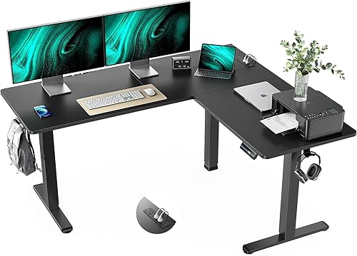 Marsail Escritorio eléctrico de esquina de 63 x 55 pulgadas en forma de L con toma eléctrica 4 en 1, escritorio para computadora con gancho para