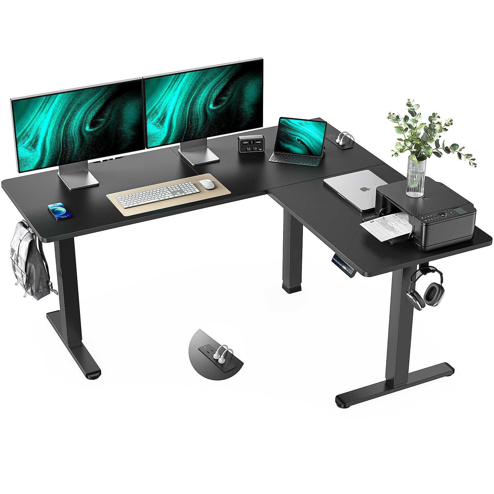 Marsail 63 55 in Electric Corner L-Shaped Standing Desk with 4-in 1 Electical Outlet Computer Desk with Headphone