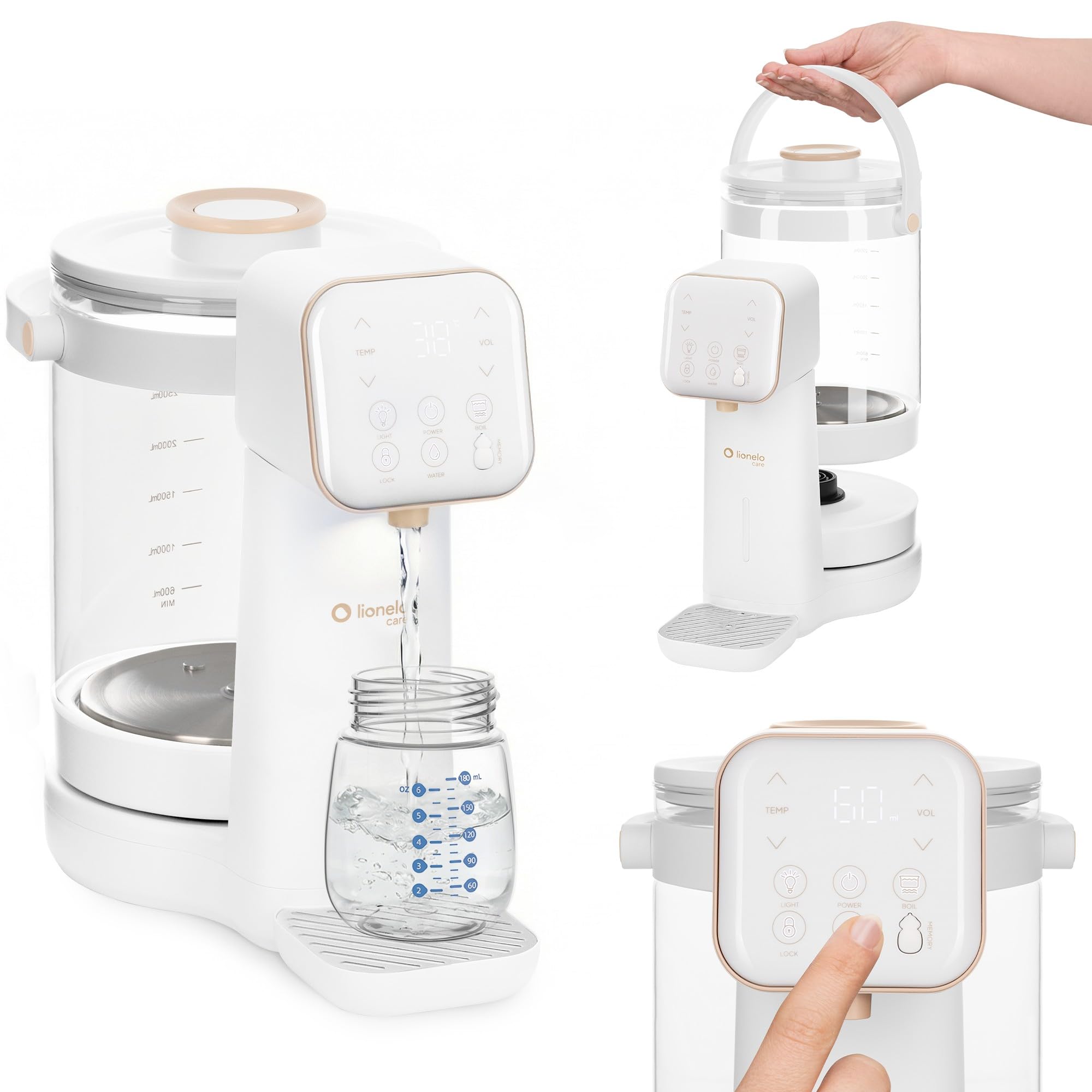 Lionelo Babypresto 2.0 urządzenie do przygotowywania butelek dla niemowląt i ogrzewacz do butelek dla niemowląt o temperaturze 40-100°C, higiena UV, dechlorowanie, dozowanie 30-300 ml, szklany