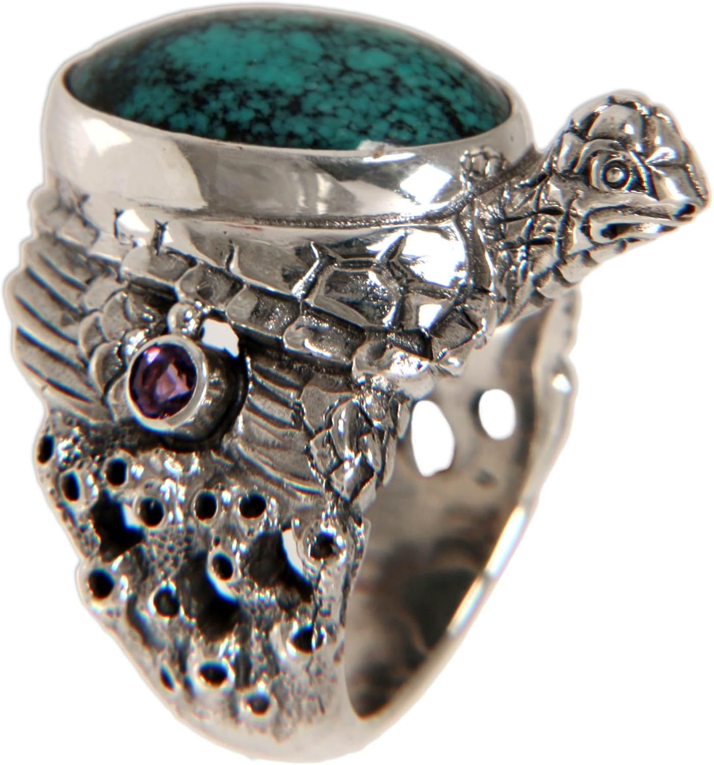 NOVICA Artisan Handmade Sterling Silver Ring Reconstituted Turquoise Amethyst Blue Cocktail Indonesia Animal Themed Birthstone Sea Lifeturtle [band Width 5 mm W Crownbezel 1.1 in L x 0.6 in W x 0.4 I]