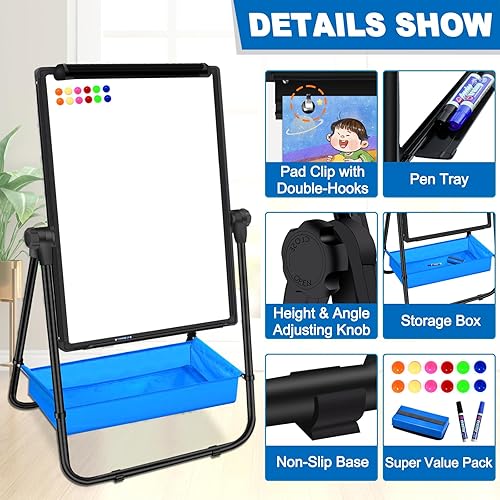 Miniatura 9 de Pizarra blanca de borrado en seco con soporte de doble cara de 36 x 24 pulgadas, caballete magnético en U, altura ajustable y rotación de 360,