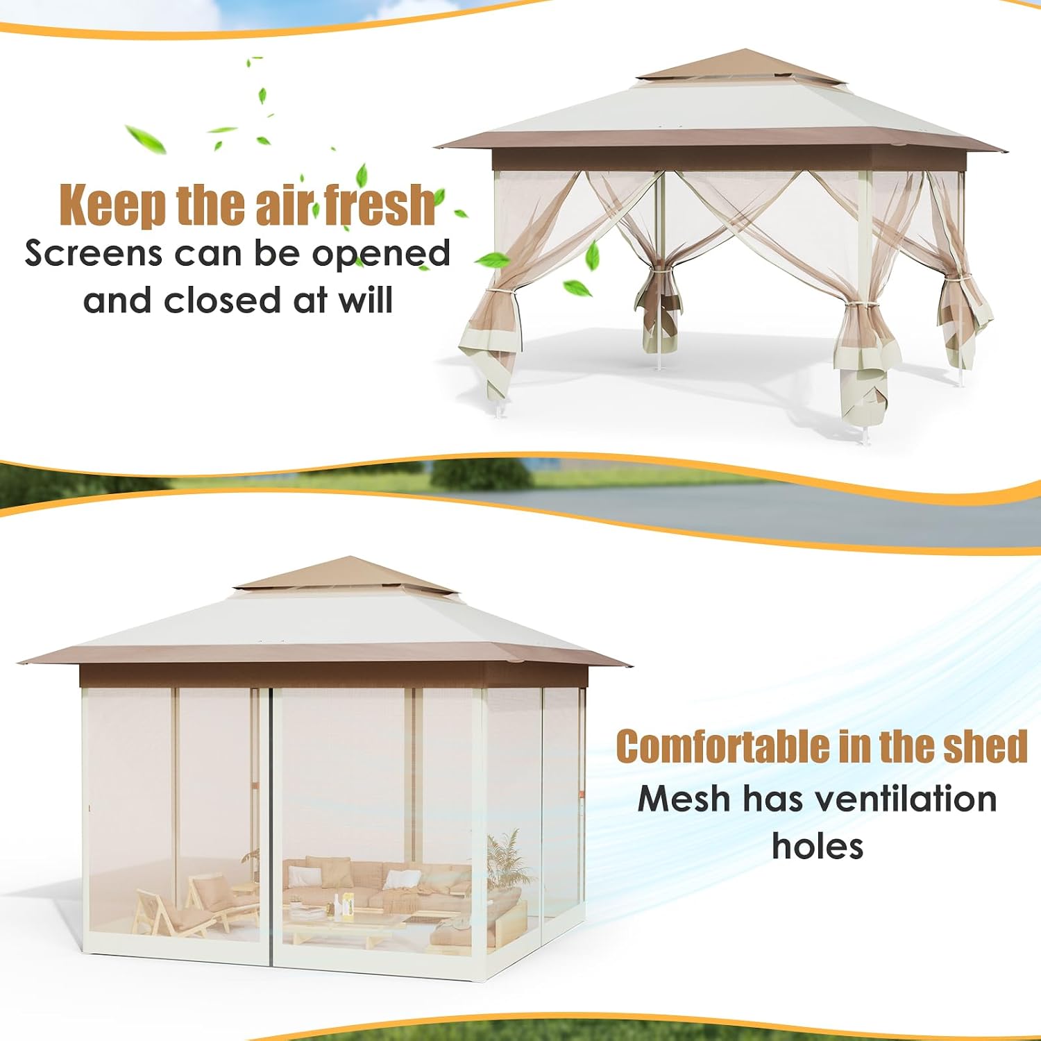 Arlopu Pop Up Gazebo Tent, Outdoor Instant Canopy, Easy Set-up Folding Shelter with Netting, Metal Frame, Screened House Shade Vented for Patio, Lawn, Party, Backyard, Garden (Khaki, 13FT×13FT)