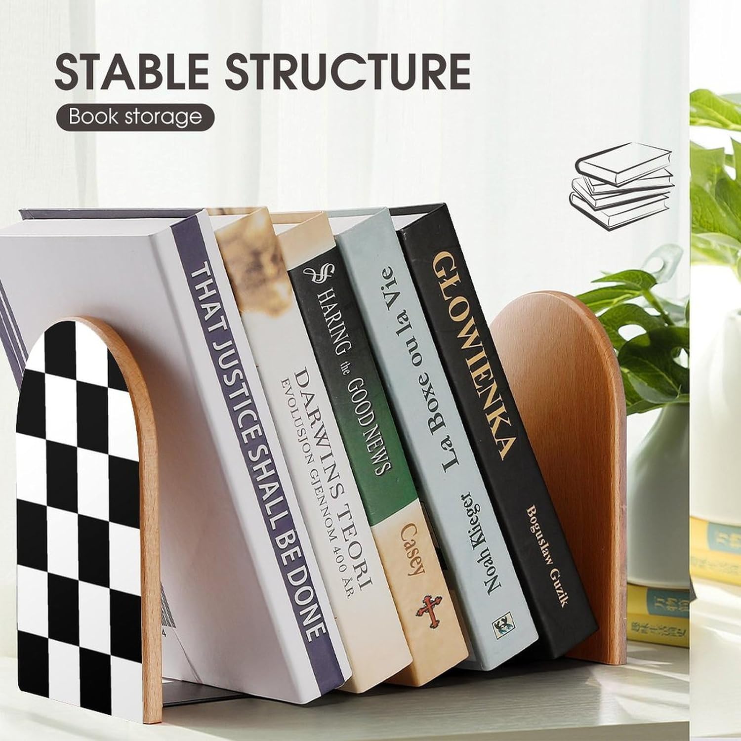 Black White Checkered Cute Wood Book Ends Decorative Bookends 1 Pair Non-Skid for Shelves Home Office 7 X 5 Inch