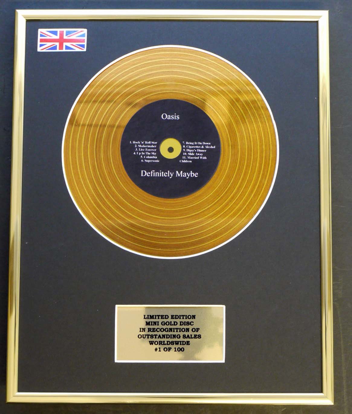 Limited Edition Mini Gold Disc Display Gold Oasis/Mini Disc Display/Limited Edition/Coa/Definitely Maybe