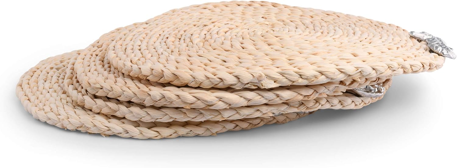 Arthur Court Twisted Seagrass Placemats with Metal Sea Shell Medallion - Set of 4 16 inch Diameter