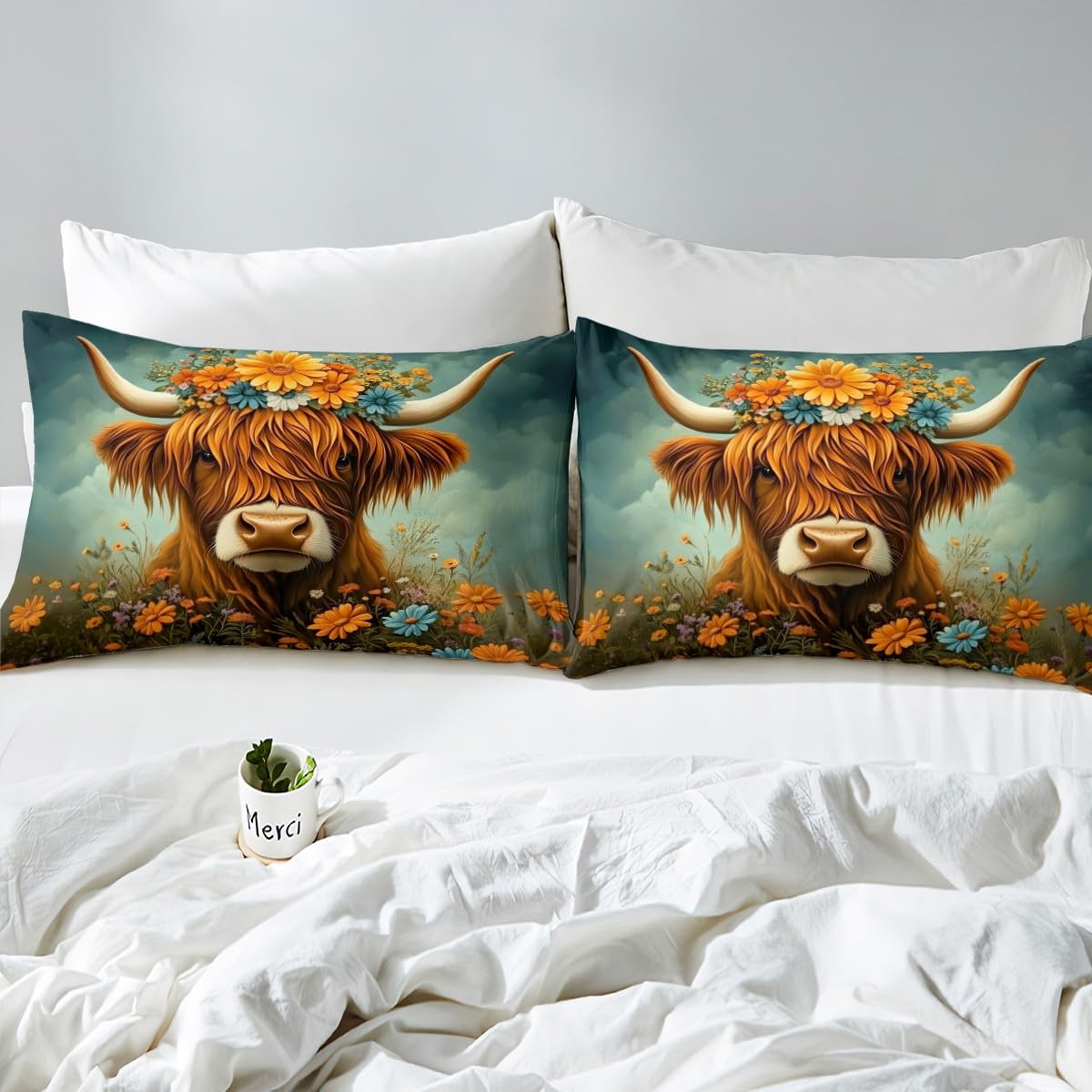 Homemissing Highland Cow Duvet Cover Set King Size For Kids Boys Girls Teens Farmhouse Animal Decor Bedding Set Highland Cattle Comforter Cover with 2 Pillowcases Daisy Floral Print Bed Sets - Image 4