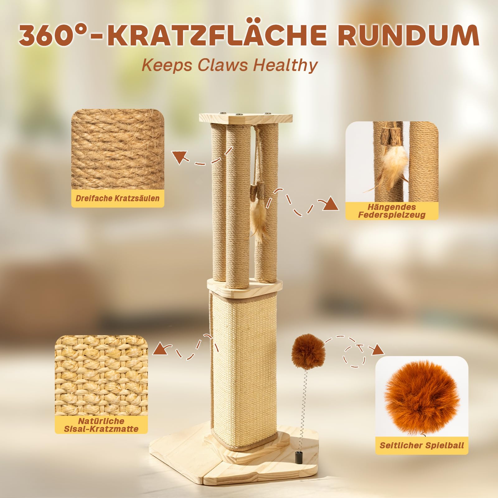 Pawtasy Kratzsäule Katze 67cm Kratzstamm Natur-Sisal Kleiner Kratzbaum mit Plüschball und Feder-Spielzeug Cat Scratching Post in Modernem Design für Indoor Katzen Stabil