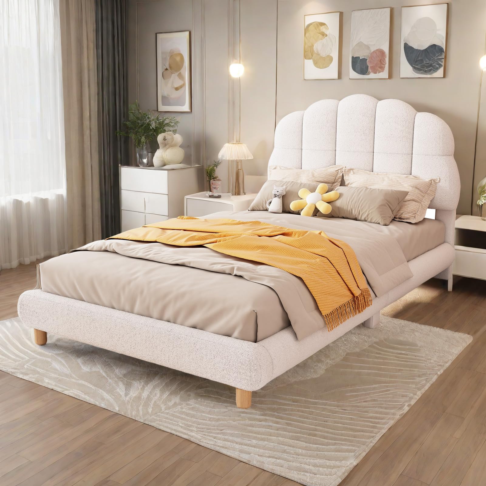 Sapgaks Letto 90x200 cm,letto singolo,letto basso,letto per bambini,peluche,testiera carina,bianco