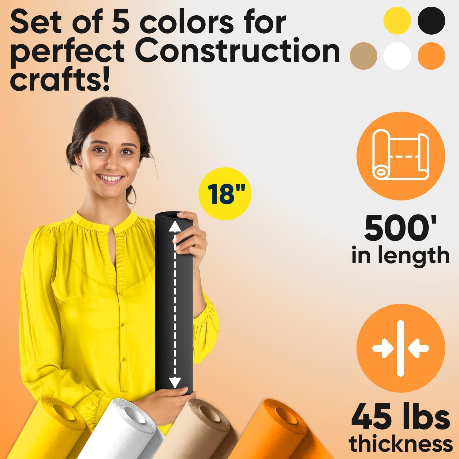 18" x 1200" (100 ft) Construction Site-Themed Kraft Paper Set, 45 Lbs - Yellow, Orange, Brown, Black, White Kraft Paper - Made in USA Colored Paper for Crafts, Appliques for Kids, DIY, Origami