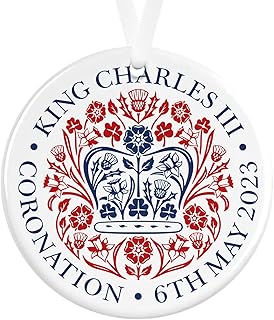 King Charles III Ceramic Coronation Ornament | Ceramic Commemorative Bauble | Official Emblem 6th May 2023 Souvenir Round Flat Ceramic Decoration Keepsake | White Ribbon (Official Emblem)