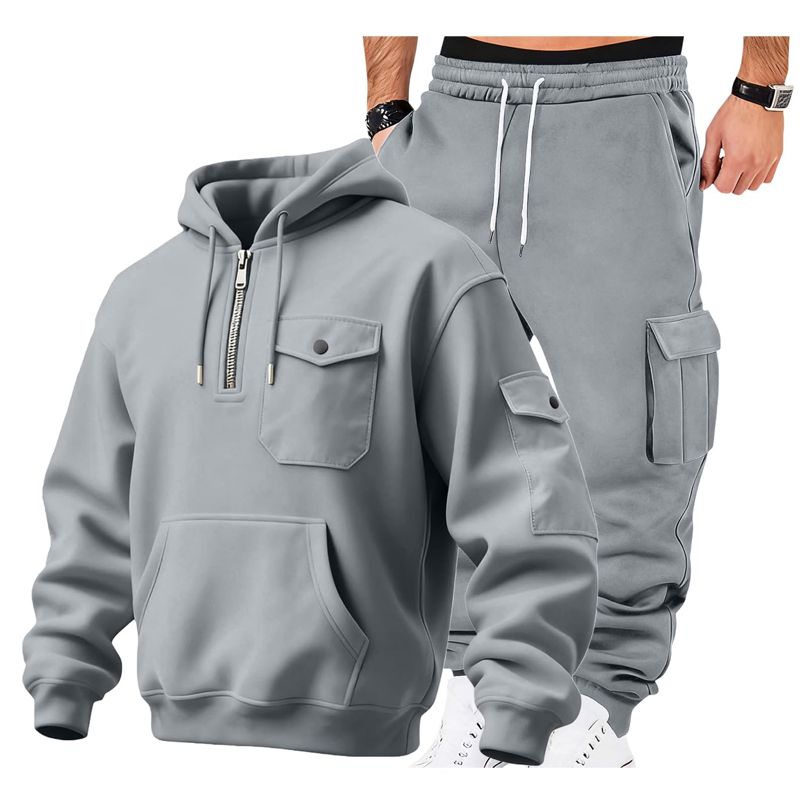 Conjunto de verano para hombre, informal, chándal de gimnasia para hombre, camisa con capucha de manga larga y pantalones de carga de cordón, conjunto deportivo de 2 piezas, juego para