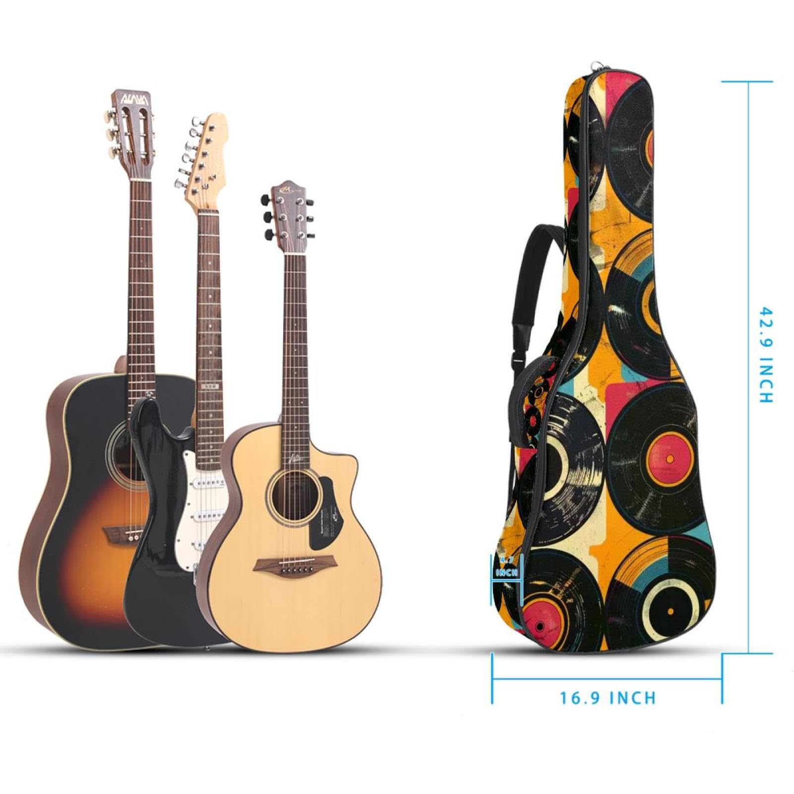 Housse pour guitare basse avec impression artistique de disque en vinyle rétro, housse pour guitare électrique de 101,6 à 104,1 cm, sac de transport imperméable Oxford pour guitare électrique