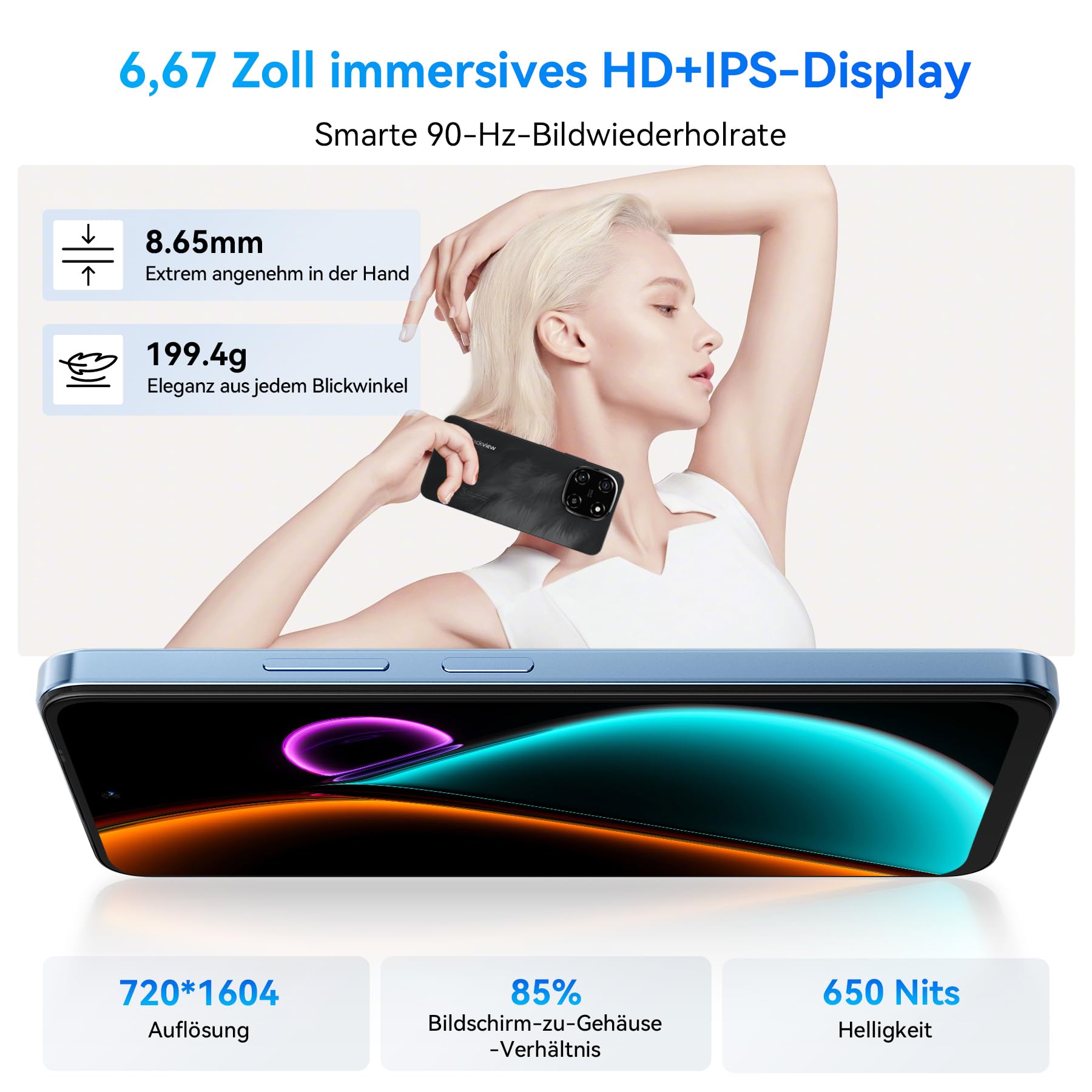 Blackview Color 6 Handy Ohne Vertrag 24GB+128GB/2TB, Smartphone Ohne Vertrag MTK G81 Octa Core 50MP+13MP, Android 15, 6.67" 90Hz Android Handy 5000mAh Dual SIM/Fingerabdruck/Face ID/GPS/OTG