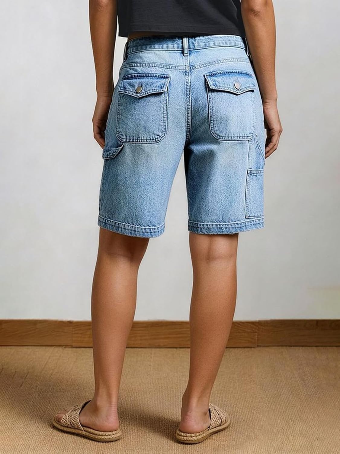 Flamingals Mid Waist Denim Bermuda Wash Cargo Loose Fit Shorts for Women