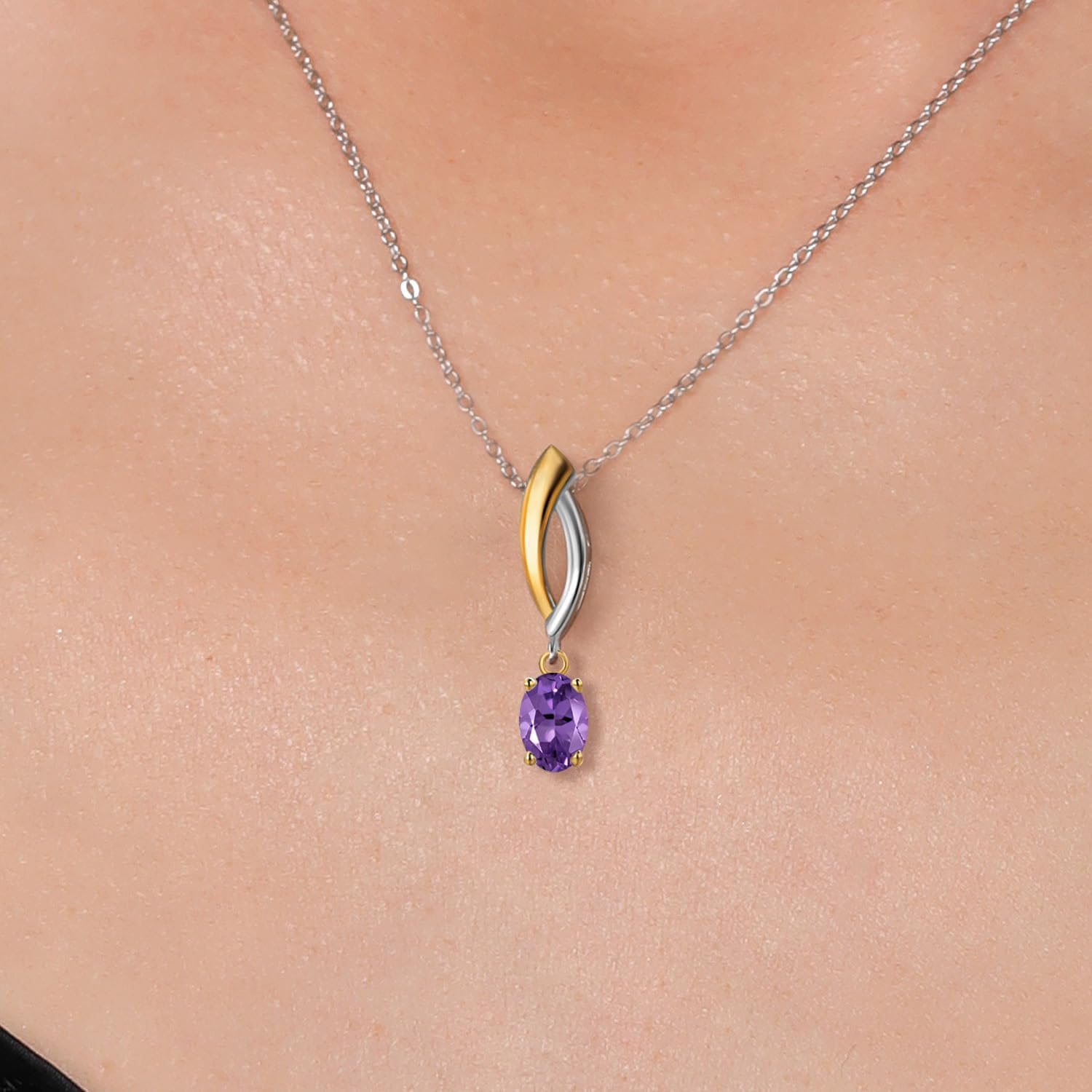 Gem Stone King 925 Silver and 10K Yellow Gold Purple Amethyst Pendant Necklace for Women | 0.45 Cttw | Gemstone February Birthstone | Oval 6X4MM | With 18 Inch Silver Chain - Image 3