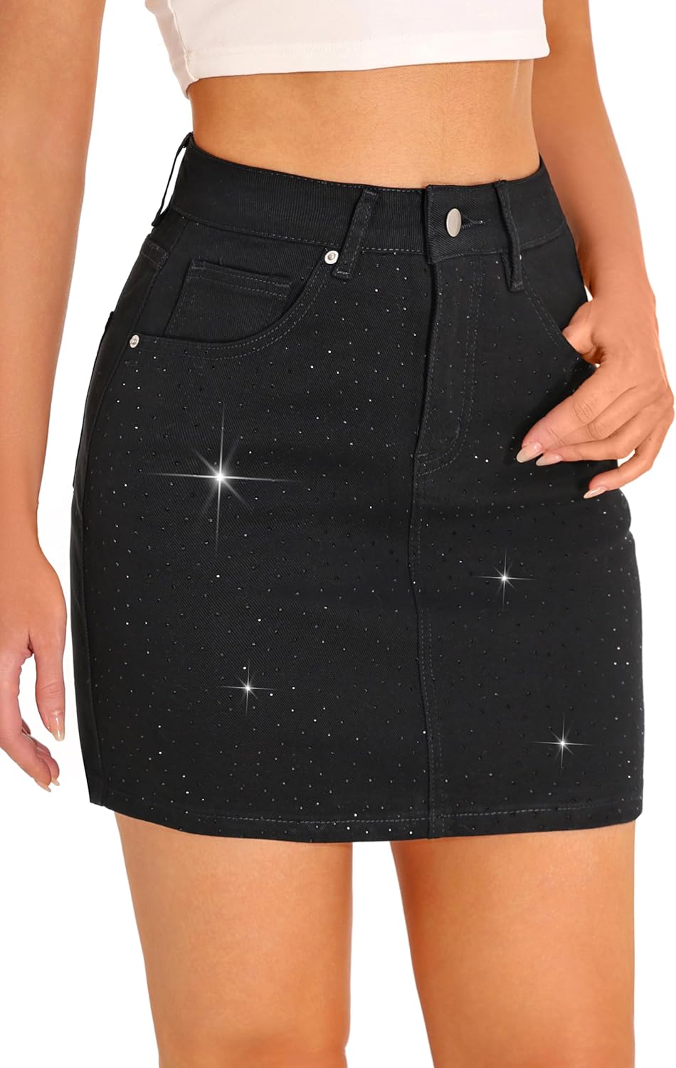 GUANYY Jean Skirts for Women Denim Sparkle Rhinestone Diamond High Waisted Stretch Mini Skirt - Image 4