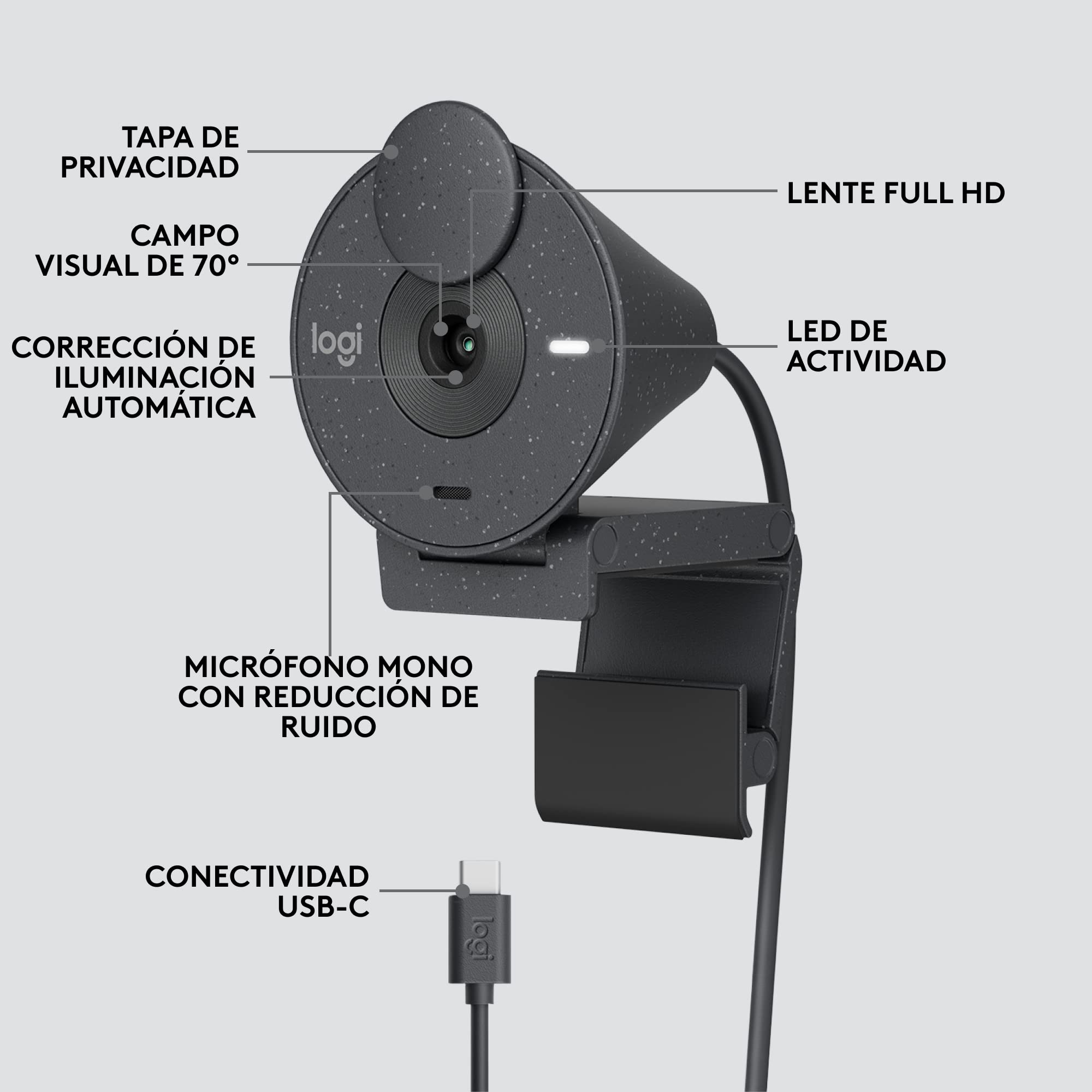 Logitech Brio 300 Full HD Webcam con Obturador de privacidad, micrófono con reducción de Ruido, USB-C, certificada para Zoom, Microsoft Teams, Google Meet, corrección automática de luz - Grafito
