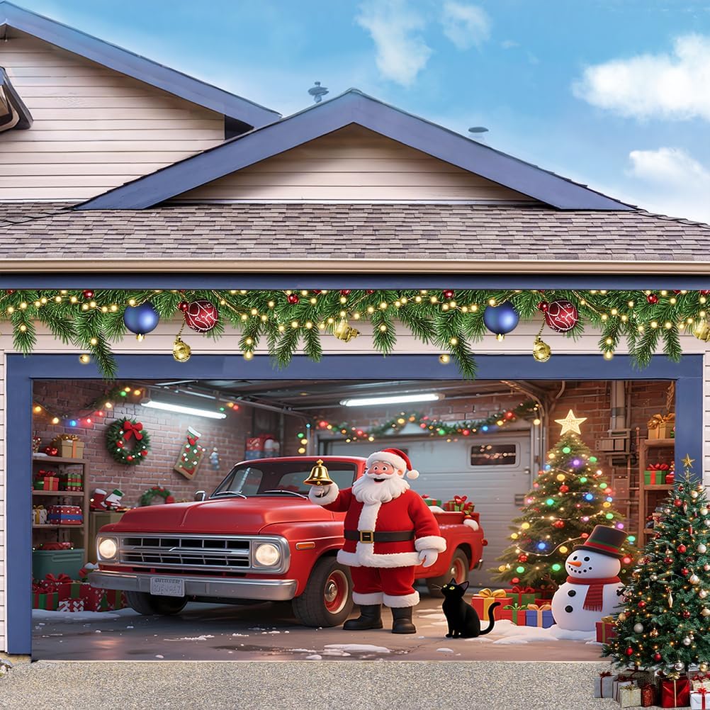 Christmas Garage Door Banner Decoration Merry Christmas Garage Door Cover Happy New Year Photography Background for Indoor Outdoor Xmas Party Wall Decor,Garage car,6.5 * 5FT