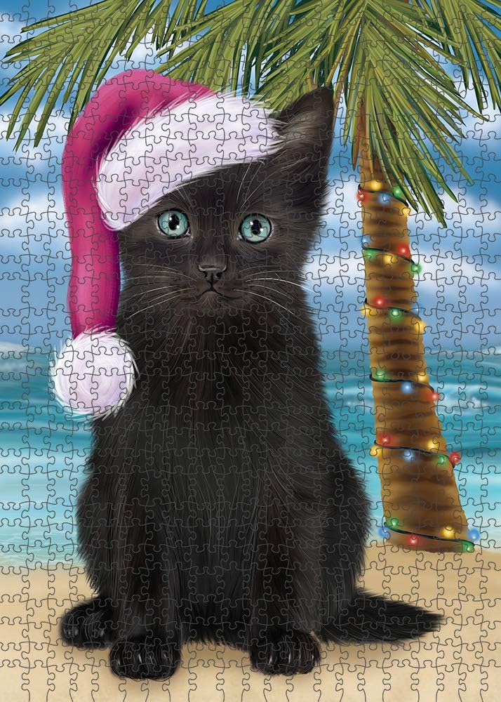 Christmas Summertime Beach Black Cat Jigsaw Puzzle for Adults - Animal Printed Interlocking Puzzle Game Artwork - Gift for Dog Lover's- 500 Pcs 14"x20", PZLE63038