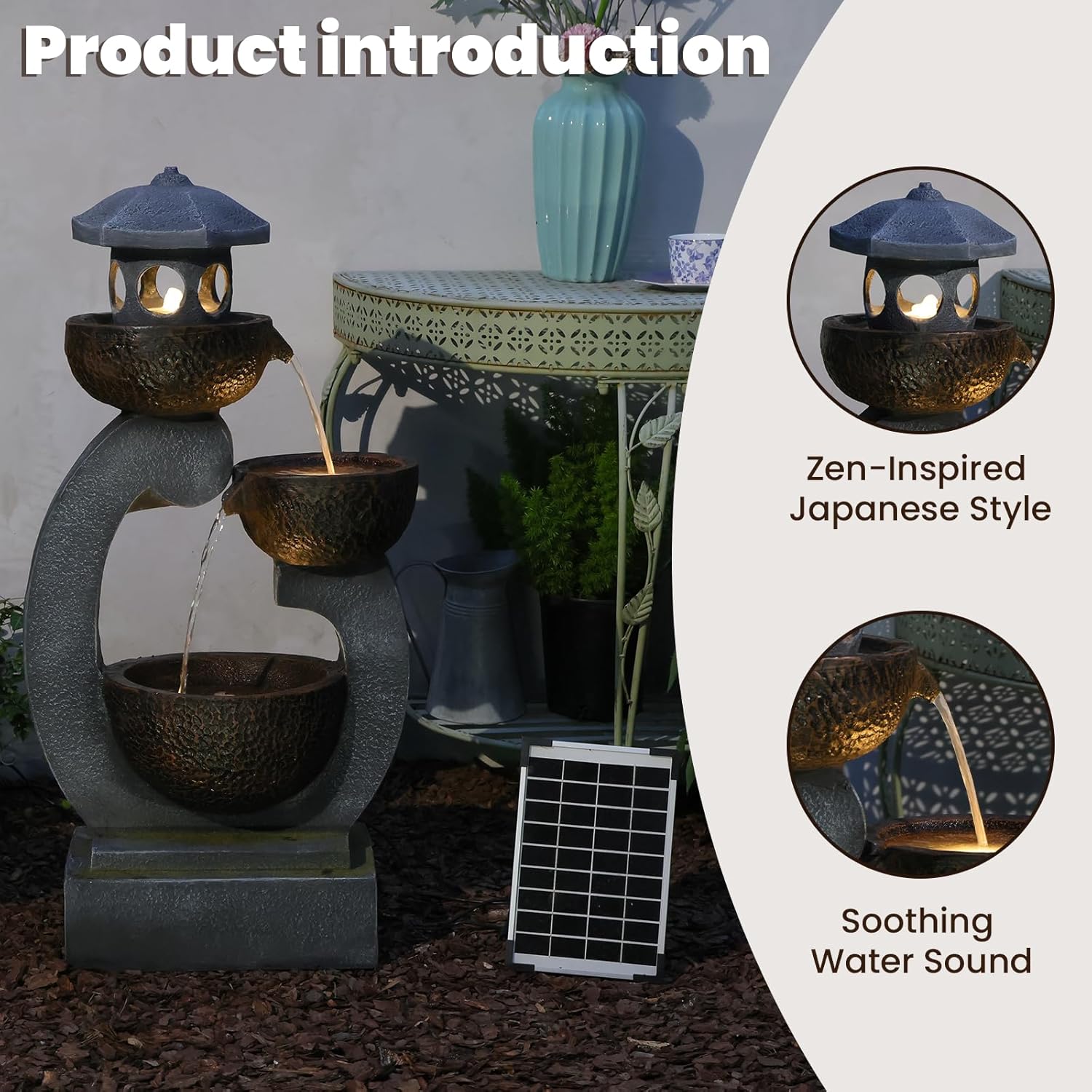 Tankana 35.5" H Solar Water Fountain Outdoor Garden 3-Tier Cascading Bowl Solar Powered Fountain Waterfall with LED Light Japanese Garden Style for Patio Yard Balcony Porch Home Decor, Bronze Finish