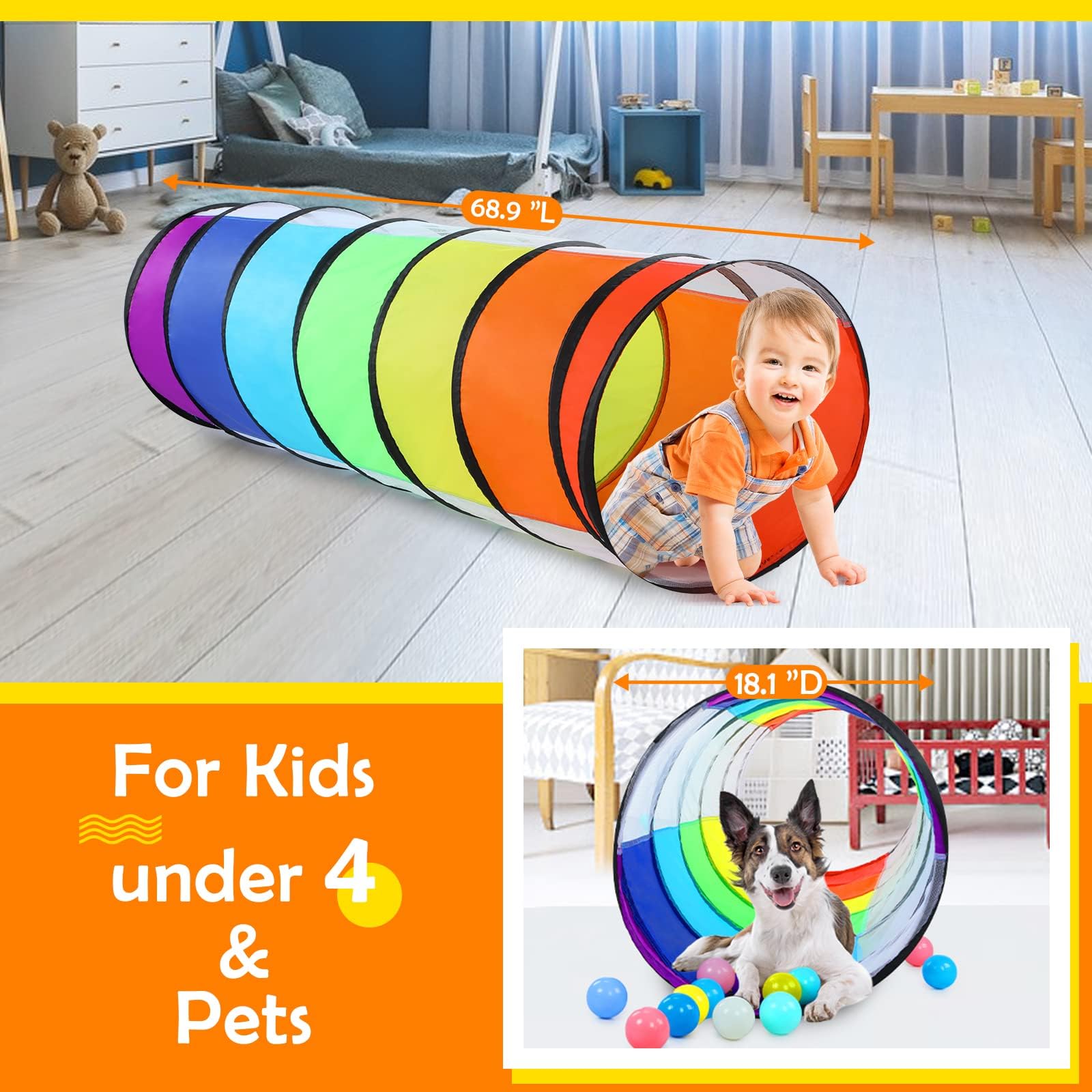 Kids Play Tunnel for Toddlers 6 Foot Pop Up Crawl Through Tunnel Play Tent for Baby Infant Children or Dog with 2 Mesh Sides - Image 2