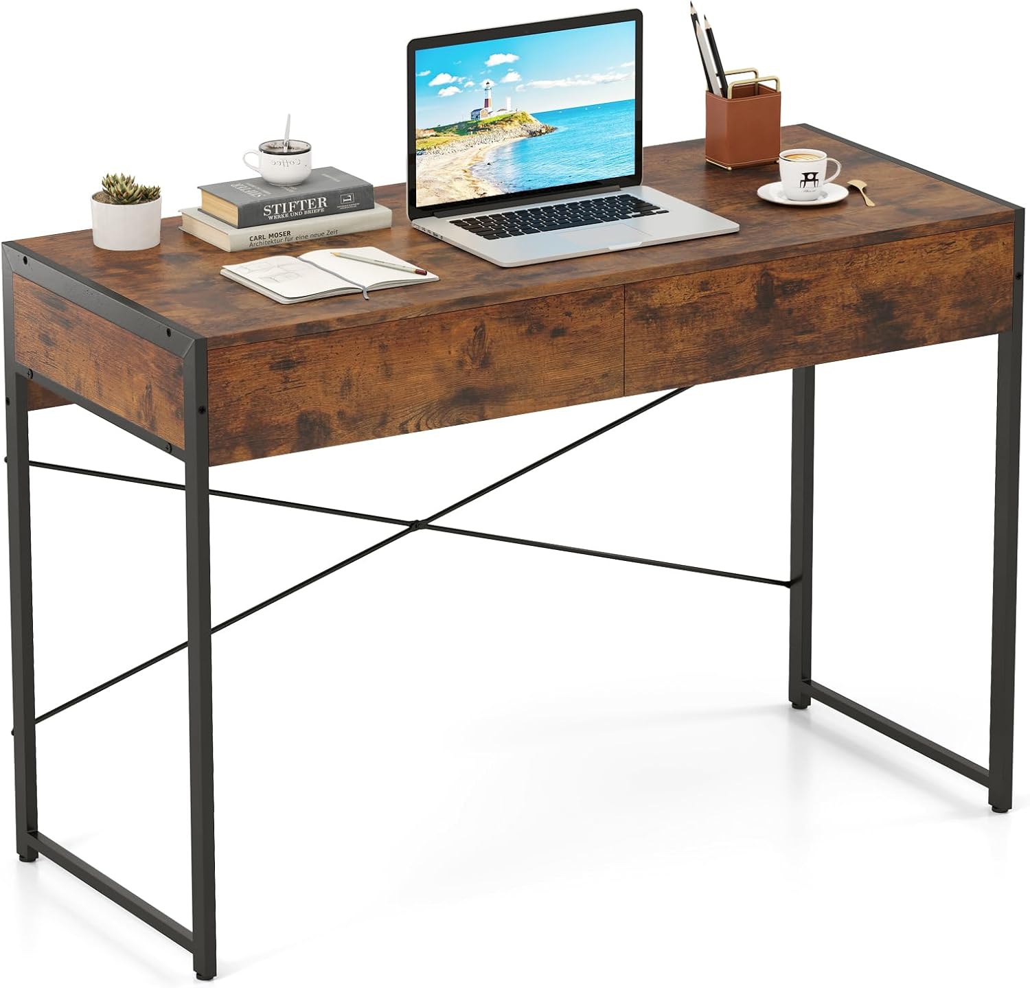 Giantex Computer Desk with 2 Drawers, 44 Inch Home Office Desk with Anti-Toppling Device & Metal Frame, Compact Laptop PC Table, Vanity Table, Modern Study Writing Desk for Small Spaces (Rustic Brown)