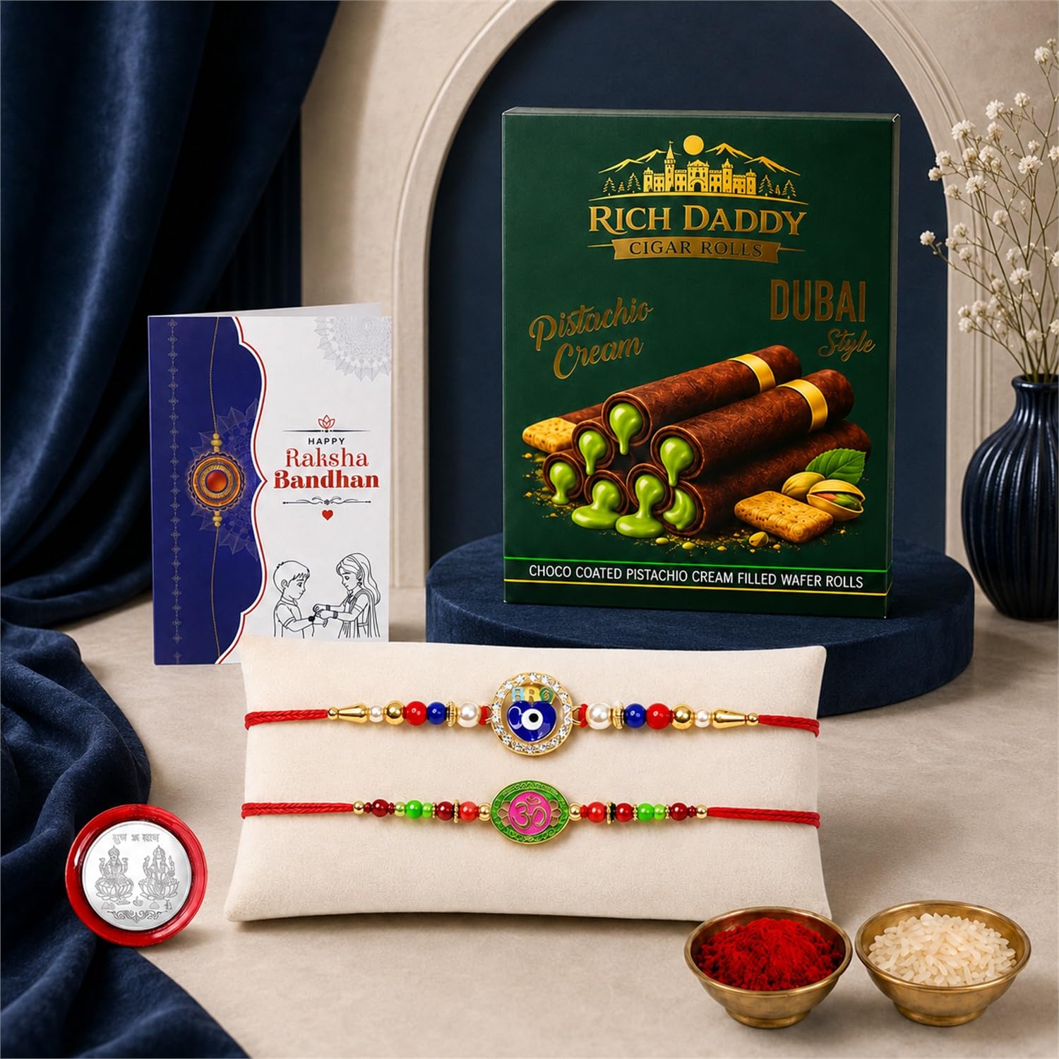 Oblivion Evil Eye, Om Multicolor Rakhi for Brother & Bhaiya with Cigar Rolls Wafer Roll Pistachio Cream - Raksha Bandhan Chocolate Gift Combo, Roli Tikka, Pooja Coin, Greeting Card, Pack of 6