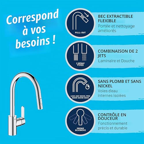 GROHE Robinet de cuisine évier Get, Robinet avec douchette extractible, Bec en forme de U, Inverseur 2 jets, Installation et nettoyage facile, Supersteel, 31484001 (Import Allemagne) - 4