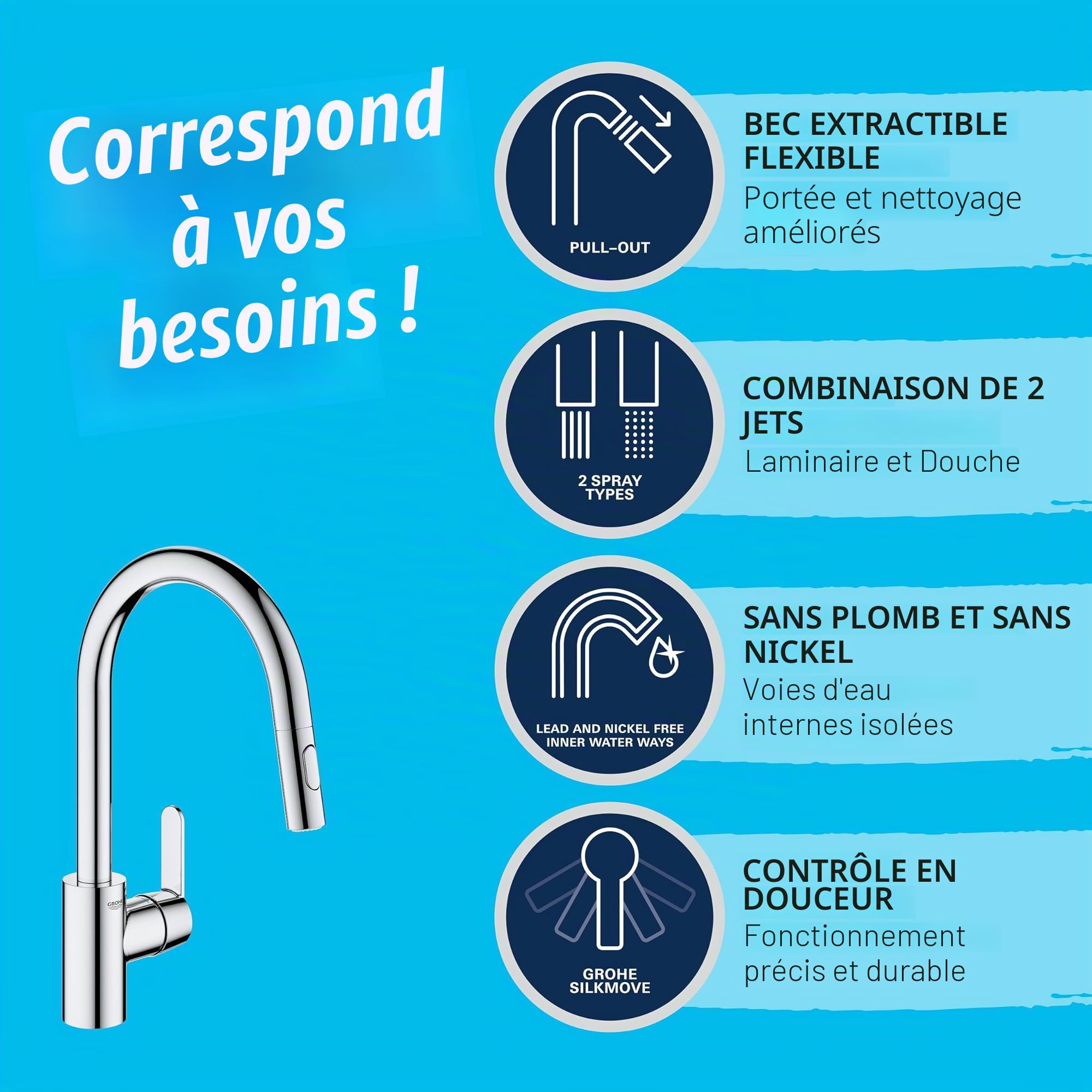 GROHE Robinet de cuisine évier Get, Robinet avec douchette extractible, Bec en forme de U, Inverseur 2 jets, Installation et nettoyage facile, Supersteel, 31484001 (Import Allemagne)