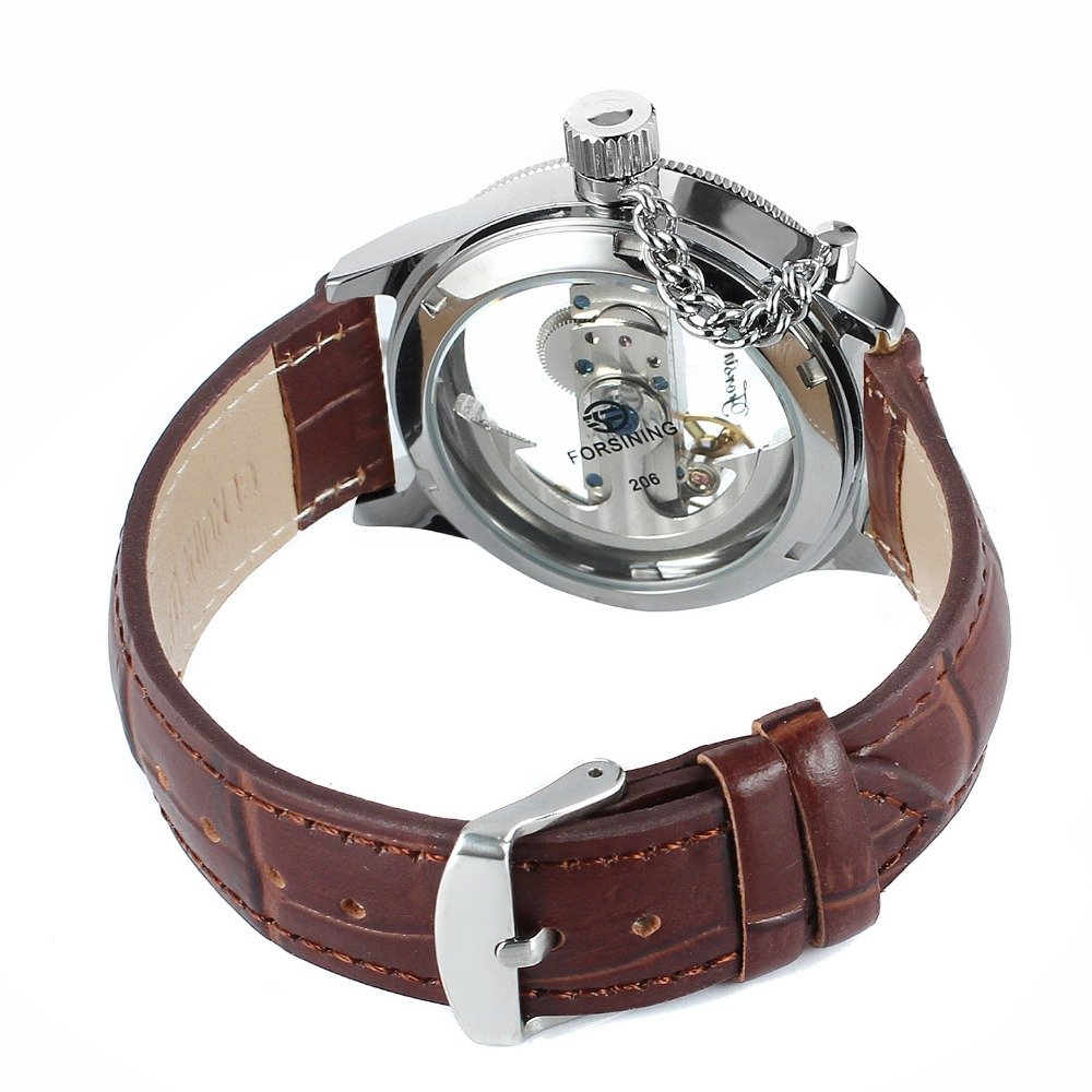 MASTOP Reloj de pulsera mecánico automático para hombre, de piel auténtica, con diseño de esqueleto transparente